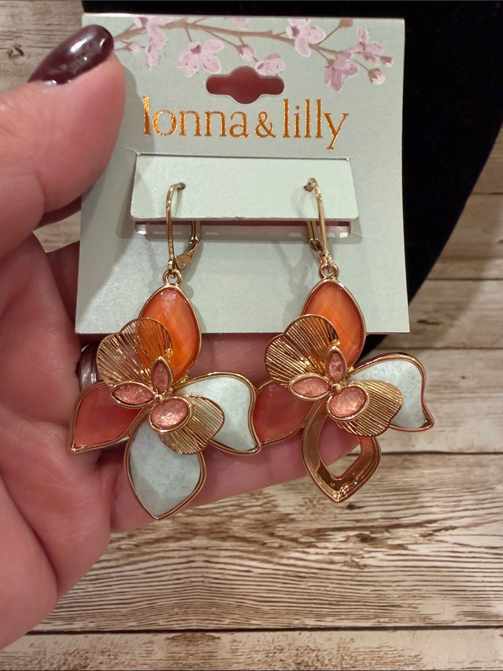 lonna & lilly Coral, Mint and Pink Floral Enamel Drop Earrings in Gold Tone NEW